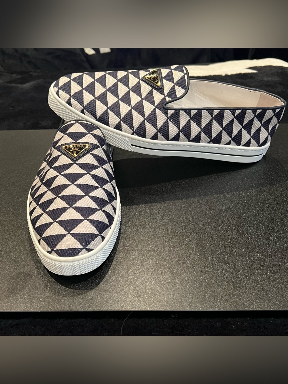 Prada Symbole Logo Loafer Mens Slip-on Sneakers White/Black Size 10US - Picture 6 of 13